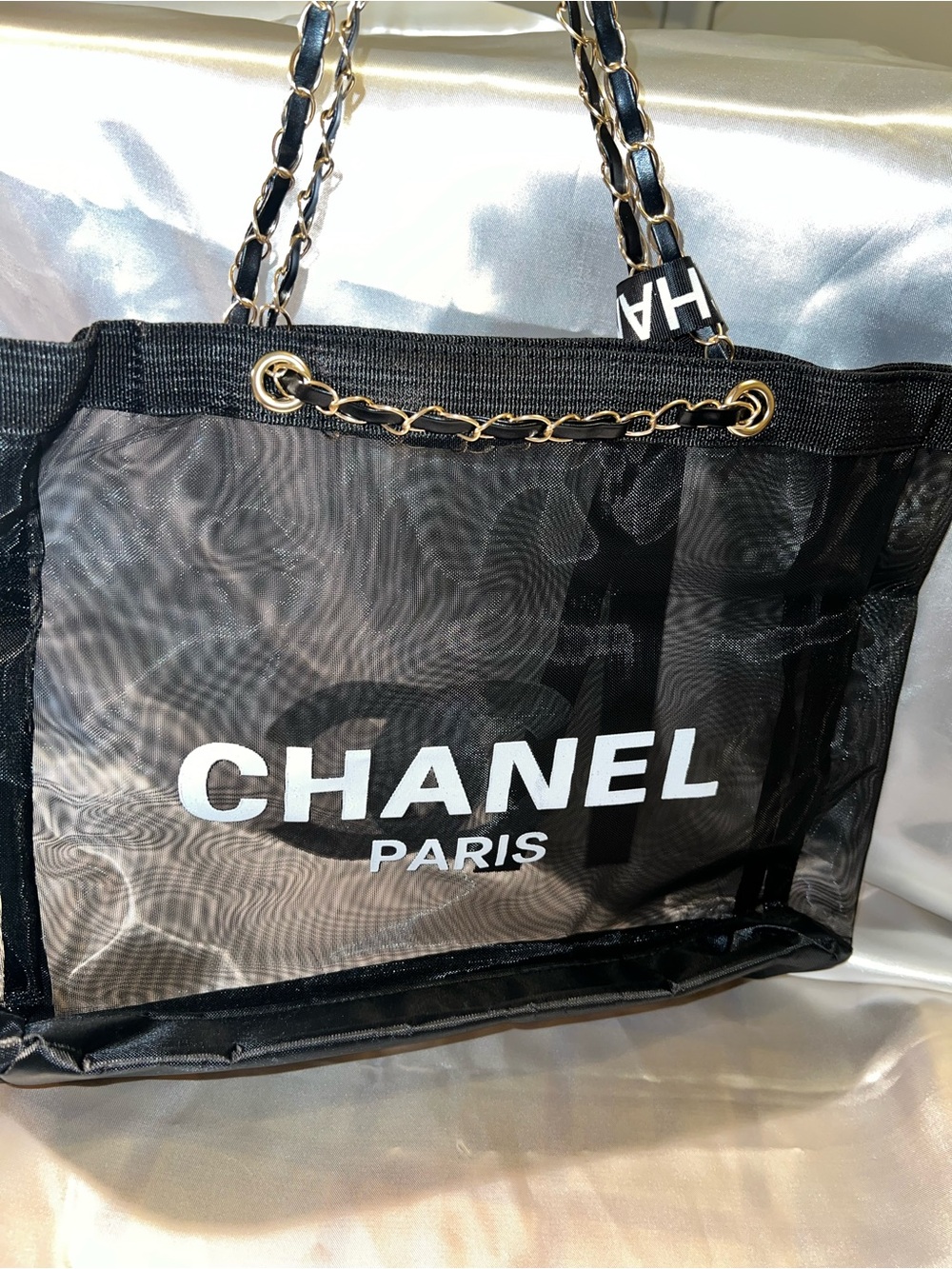 New Black Mesh Tote with Gold Chain Straps